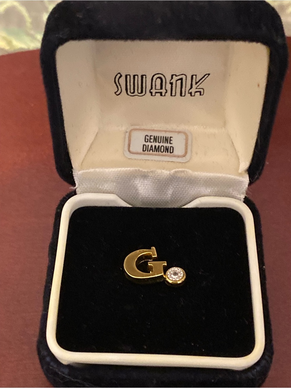 Vintage SWANK Initial G Monogram Tie Tack Lapel Pin Genuine Diamond with Box